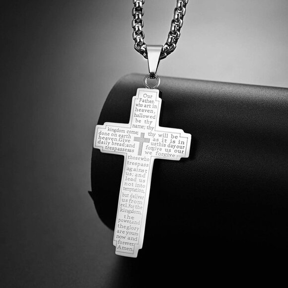 Stainless Steel Our Father Lord's Prayer Cross Pendant Necklace for Women Men Ch - Picture 3 of 6